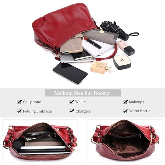 Soft Leather Hobo Bags for Women Genuine Top Handle Handbags Shoulder Purses Red - Picture 4 of 7